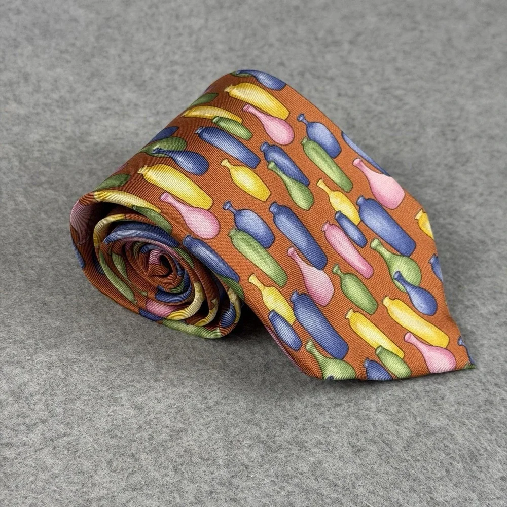 Vintage Gucci Italy Silk Tie Art Pottery Vase Print Orange Multicolor‎ 56x3.75